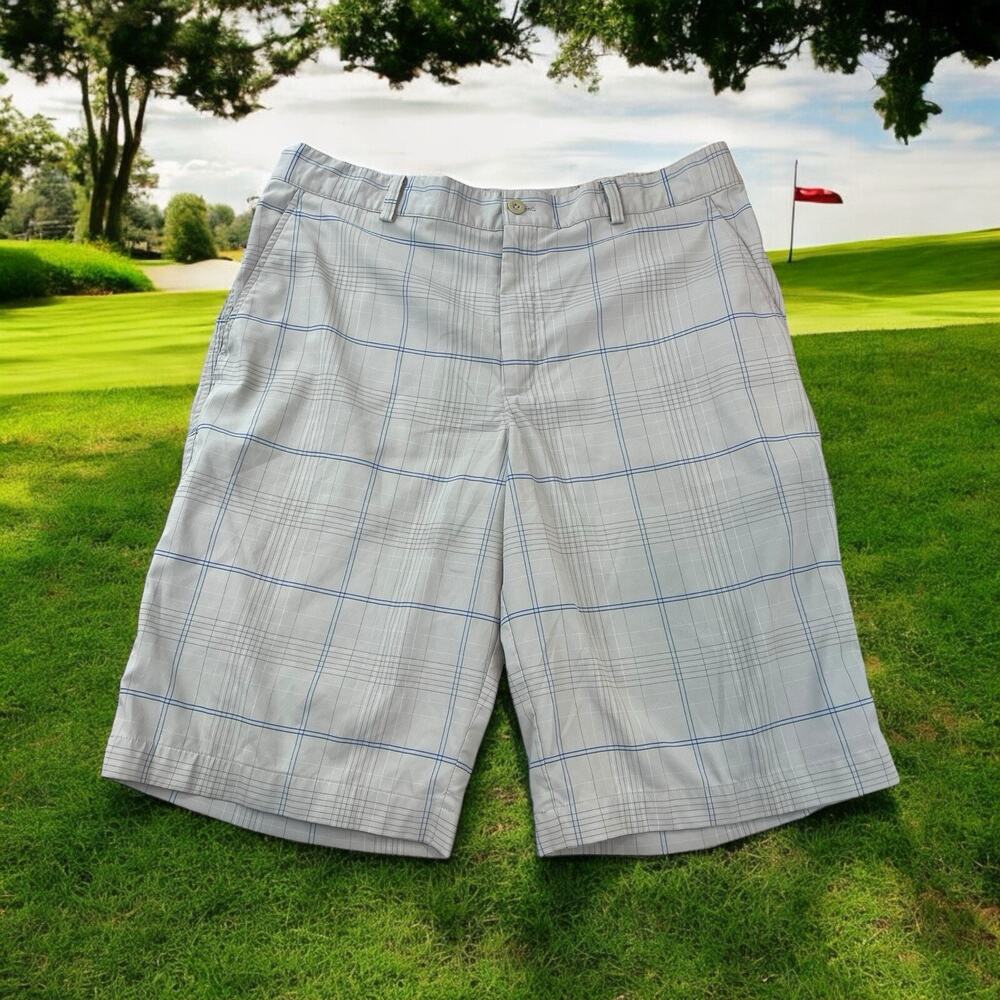 Nike Golf Shorts Mens 34 Gray Blue Plaid Chinos 11" Inseam Casual Performance